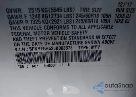 2018 Honda Pilot Ex-L z USA, uszkodzony, nr VIN 5FNYF5H52JB003578